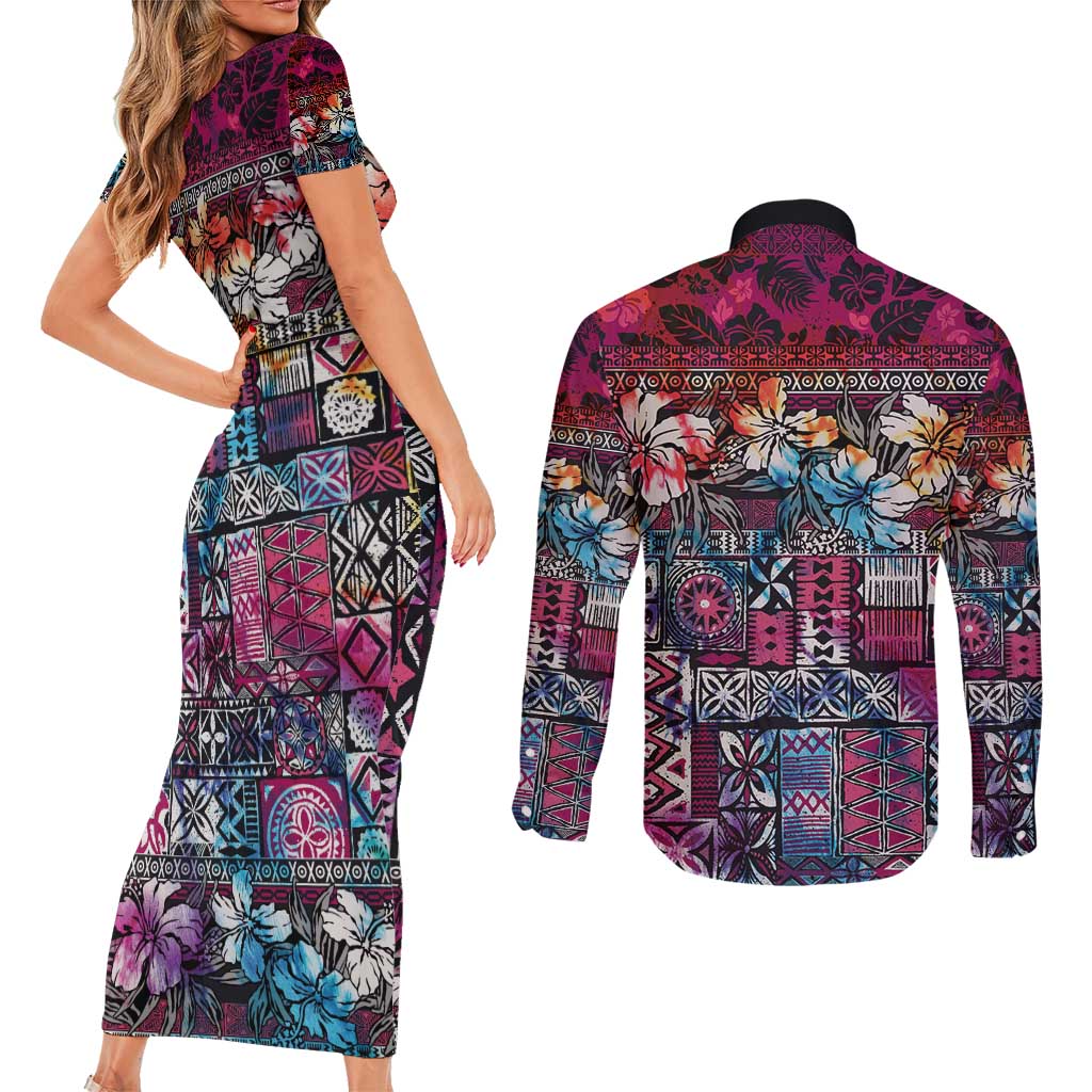 Pacific Hibiscus Tapa Tribal Vintage Couples Matching Short Sleeve Bodycon Dress and Long Sleeve Button Shirt Pink Motif LT9 - Polynesian Pride