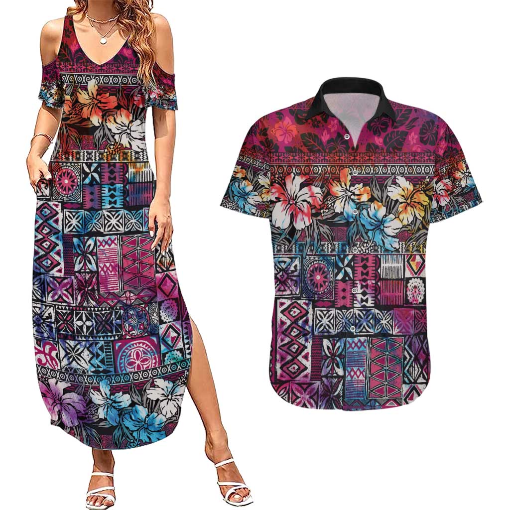 Pacific Hibiscus Tapa Tribal Vintage Couples Matching Summer Maxi Dress and Hawaiian Shirt Pink Motif