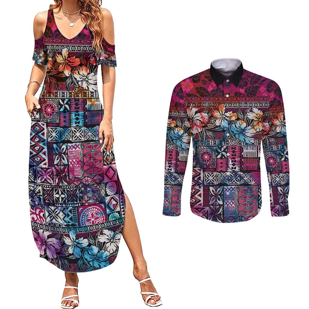 Pacific Hibiscus Tapa Tribal Vintage Couples Matching Summer Maxi Dress and Long Sleeve Button Shirt Pink Motif