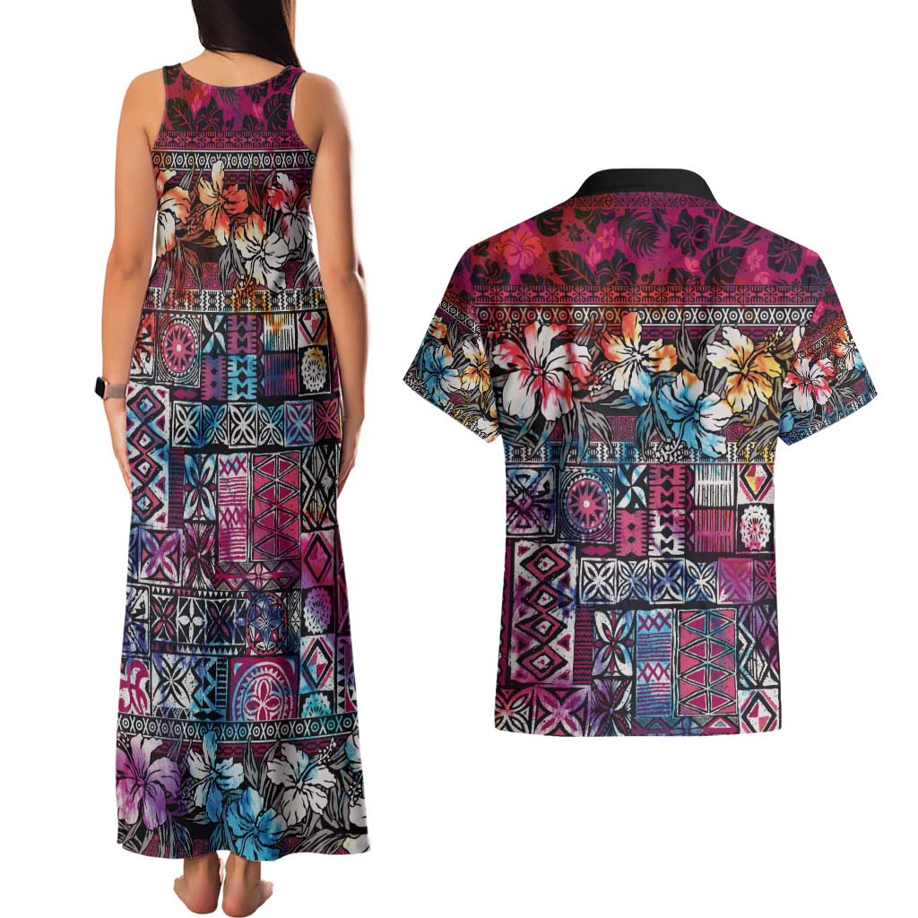 Pacific Hibiscus Tapa Tribal Vintage Couples Matching Tank Maxi Dress and Hawaiian Shirt Pink Motif LT9 - Polynesian Pride