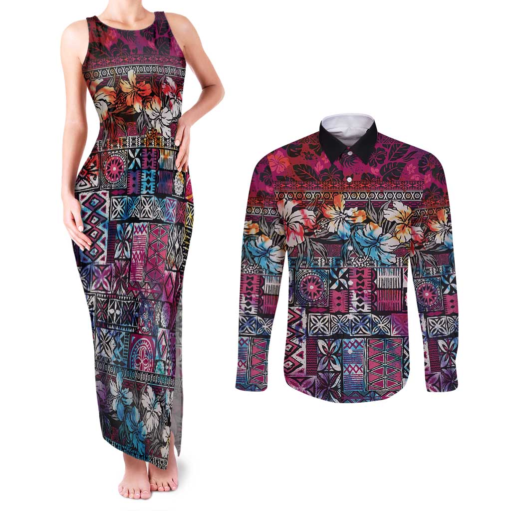Pacific Hibiscus Tapa Tribal Vintage Couples Matching Tank Maxi Dress and Long Sleeve Button Shirt Pink Motif