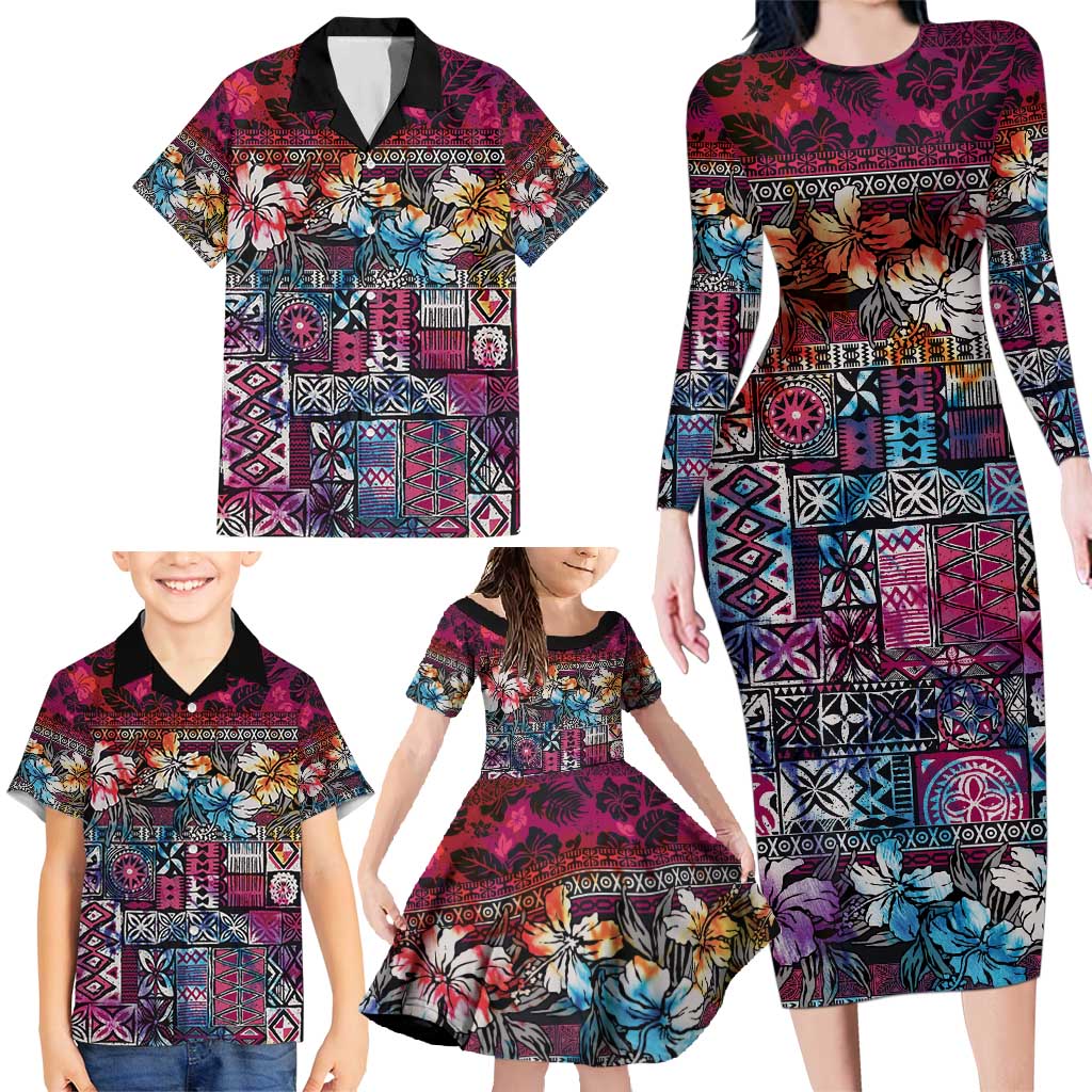 Pacific Hibiscus Tapa Tribal Vintage Family Matching Long Sleeve Bodycon Dress and Hawaiian Shirt Pink Motif LT9 - Polynesian Pride