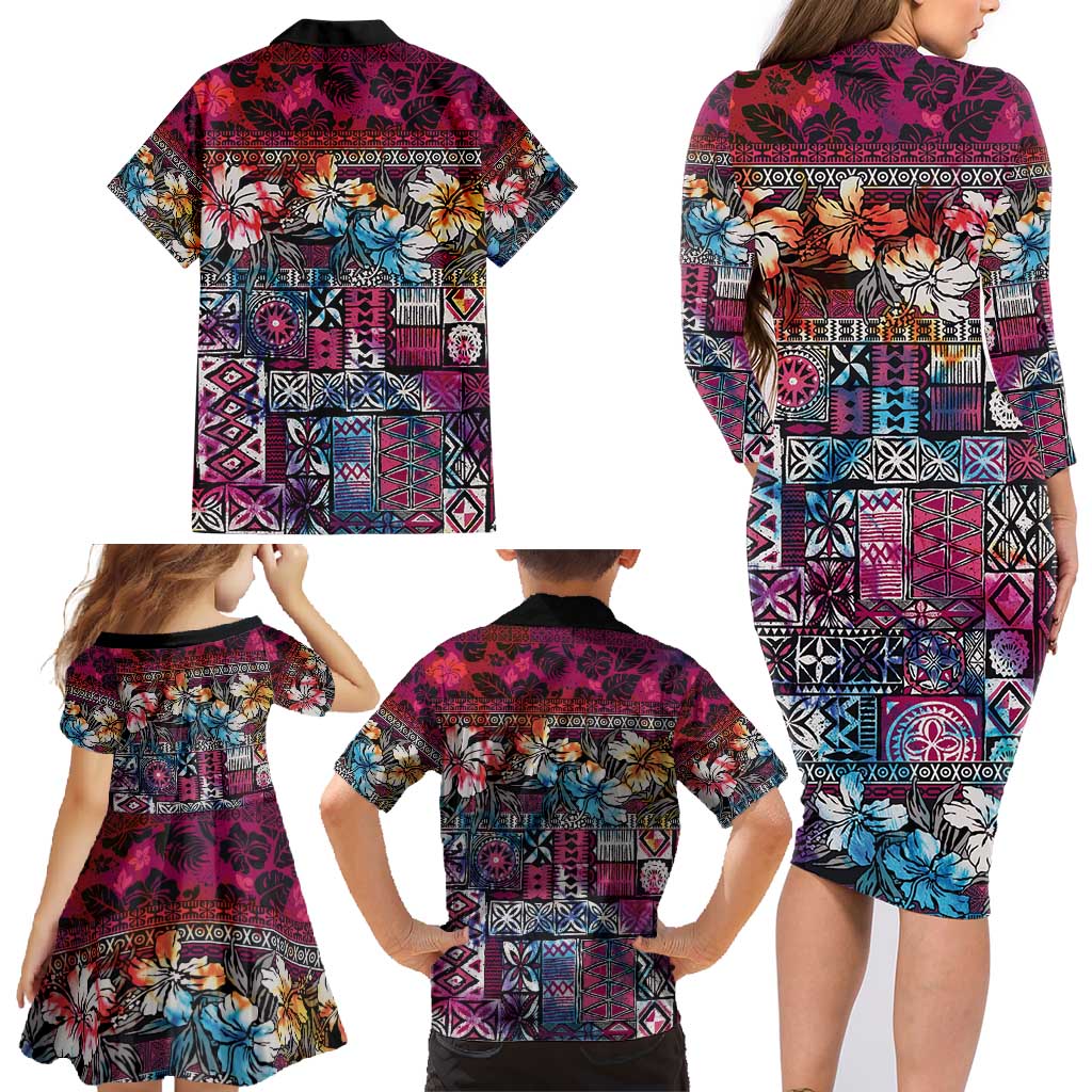 Pacific Hibiscus Tapa Tribal Vintage Family Matching Long Sleeve Bodycon Dress and Hawaiian Shirt Pink Motif LT9 - Polynesian Pride