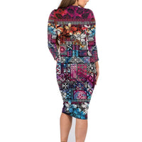 Pacific Hibiscus Tapa Tribal Vintage Family Matching Long Sleeve Bodycon Dress and Hawaiian Shirt Pink Motif LT9 - Polynesian Pride