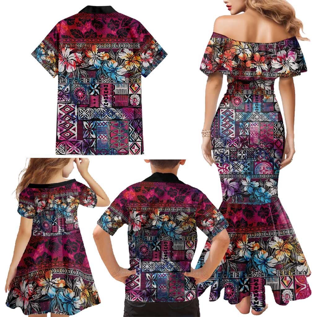 Pacific Hibiscus Tapa Tribal Vintage Family Matching Mermaid Dress and Hawaiian Shirt Pink Motif LT9 - Polynesian Pride