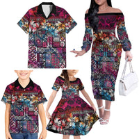 Pacific Hibiscus Tapa Tribal Vintage Family Matching Off The Shoulder Long Sleeve Dress and Hawaiian Shirt Pink Motif LT9 - Polynesian Pride