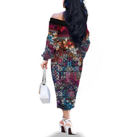 Pacific Hibiscus Tapa Tribal Vintage Family Matching Off The Shoulder Long Sleeve Dress and Hawaiian Shirt Pink Motif LT9 - Polynesian Pride