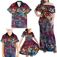 Pacific Hibiscus Tapa Tribal Vintage Family Matching Off Shoulder Maxi Dress and Hawaiian Shirt Pink Motif LT9 - Polynesian Pride