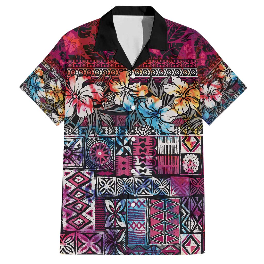 Pacific Hibiscus Tapa Tribal Vintage Family Matching Off Shoulder Maxi Dress and Hawaiian Shirt Pink Motif LT9 Dad's Shirt - Short Sleeve Pink - Polynesian Pride