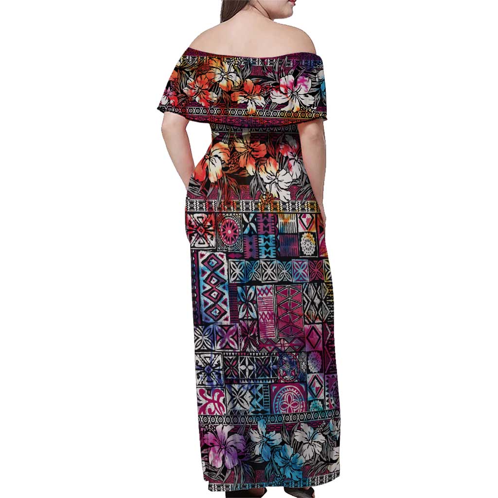 Pacific Hibiscus Tapa Tribal Vintage Family Matching Off Shoulder Maxi Dress and Hawaiian Shirt Pink Motif LT9 - Polynesian Pride