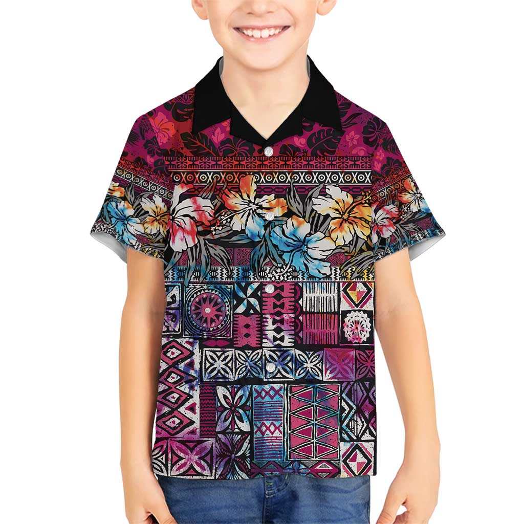 Pacific Hibiscus Tapa Tribal Vintage Family Matching Off Shoulder Maxi Dress and Hawaiian Shirt Pink Motif LT9 Son's Shirt Pink - Polynesian Pride