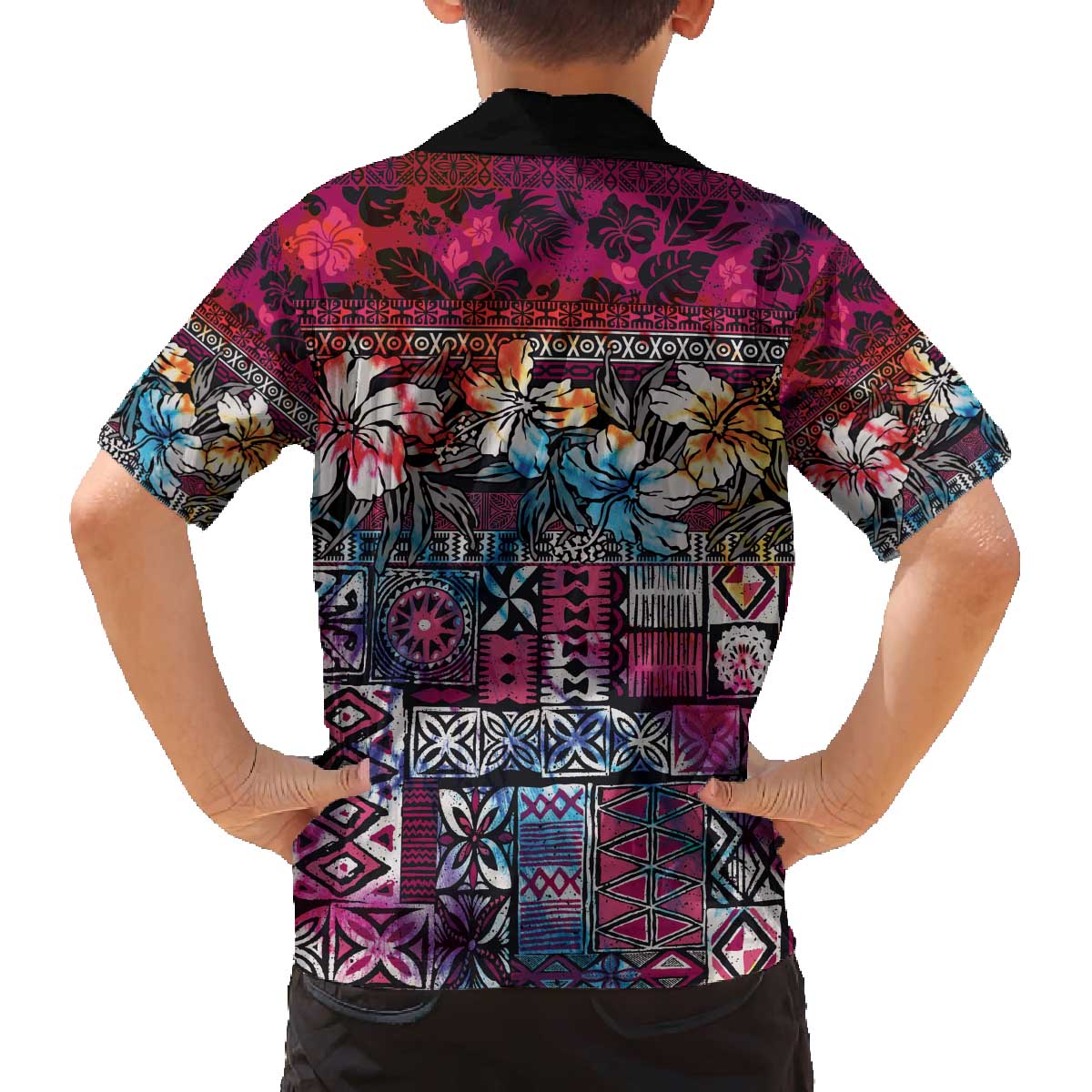 Pacific Hibiscus Tapa Tribal Vintage Family Matching Off Shoulder Short Dress and Hawaiian Shirt Pink Motif LT9 - Polynesian Pride