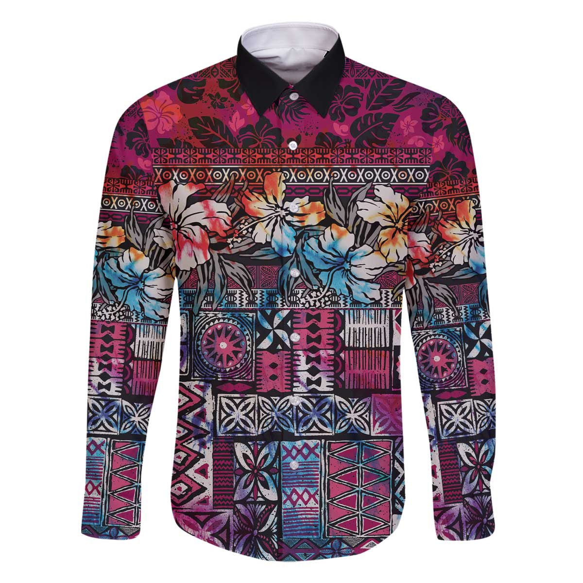 Pacific Hibiscus Tapa Tribal Vintage Family Matching Off Shoulder Short Dress and Hawaiian Shirt Pink Motif LT9 Dad's Shirt - Long Sleeve Pink - Polynesian Pride