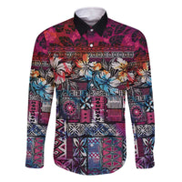 Pacific Hibiscus Tapa Tribal Vintage Family Matching Off Shoulder Short Dress and Hawaiian Shirt Pink Motif LT9 Dad's Shirt - Long Sleeve Pink - Polynesian Pride