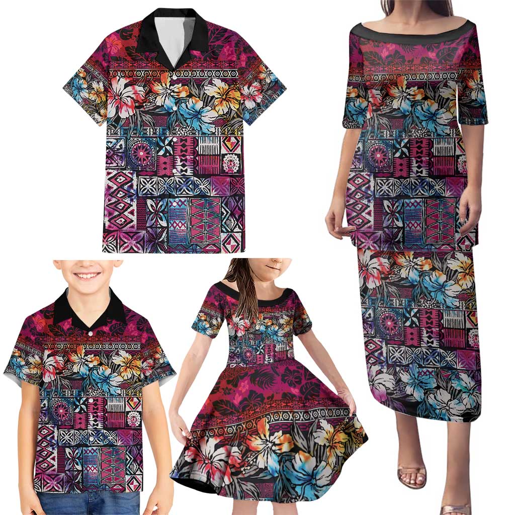 Pacific Hibiscus Tapa Tribal Vintage Family Matching Puletasi and Hawaiian Shirt Pink Motif LT9 - Polynesian Pride