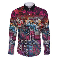 Pacific Hibiscus Tapa Tribal Vintage Family Matching Puletasi and Hawaiian Shirt Pink Motif LT9 Dad's Shirt - Long Sleeve Pink - Polynesian Pride