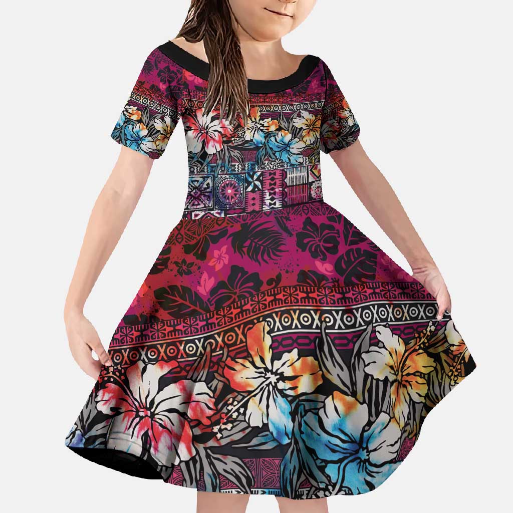 Pacific Hibiscus Tapa Tribal Vintage Family Matching Short Sleeve Bodycon Dress and Hawaiian Shirt Pink Motif LT9 Daughter's Dress Pink - Polynesian Pride
