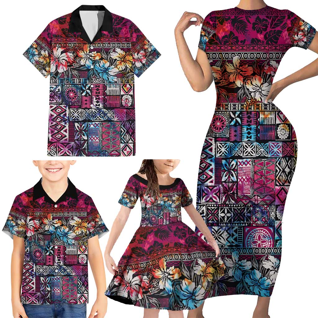 Pacific Hibiscus Tapa Tribal Vintage Family Matching Short Sleeve Bodycon Dress and Hawaiian Shirt Pink Motif LT9 - Polynesian Pride