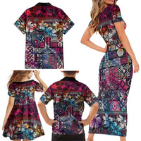Pacific Hibiscus Tapa Tribal Vintage Family Matching Short Sleeve Bodycon Dress and Hawaiian Shirt Pink Motif LT9 - Polynesian Pride
