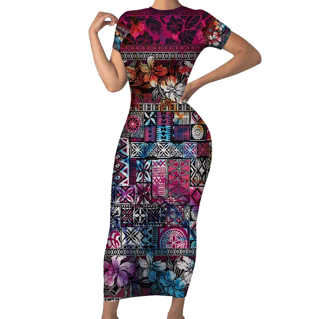 Pacific Hibiscus Tapa Tribal Vintage Family Matching Short Sleeve Bodycon Dress and Hawaiian Shirt Pink Motif LT9 Mom's Dress Pink - Polynesian Pride