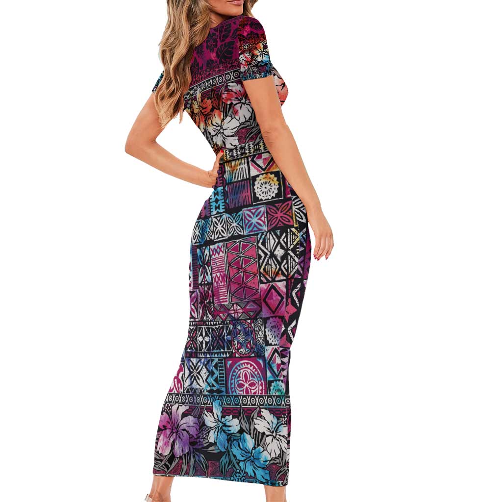 Pacific Hibiscus Tapa Tribal Vintage Family Matching Short Sleeve Bodycon Dress and Hawaiian Shirt Pink Motif LT9 - Polynesian Pride