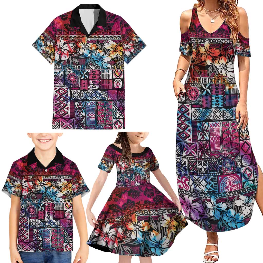 Pacific Hibiscus Tapa Tribal Vintage Family Matching Summer Maxi Dress and Hawaiian Shirt Pink Motif LT9 - Polynesian Pride