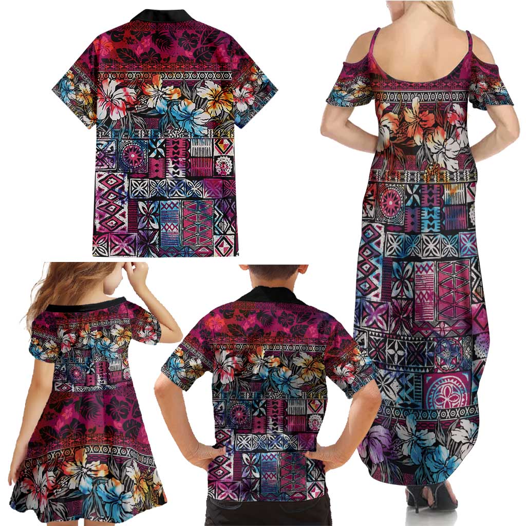 Pacific Hibiscus Tapa Tribal Vintage Family Matching Summer Maxi Dress and Hawaiian Shirt Pink Motif LT9 - Polynesian Pride