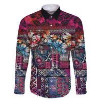 Pacific Hibiscus Tapa Tribal Vintage Family Matching Summer Maxi Dress and Hawaiian Shirt Pink Motif LT9 Dad's Shirt - Long Sleeve Pink - Polynesian Pride