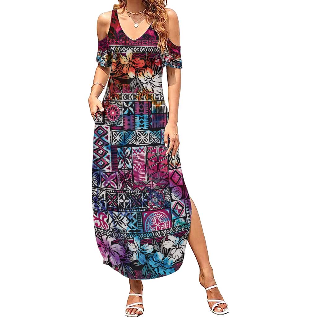 Pacific Hibiscus Tapa Tribal Vintage Family Matching Summer Maxi Dress and Hawaiian Shirt Pink Motif LT9 Mom's Dress Pink - Polynesian Pride