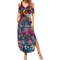 Pacific Hibiscus Tapa Tribal Vintage Family Matching Summer Maxi Dress and Hawaiian Shirt Pink Motif LT9 Mom's Dress Pink - Polynesian Pride