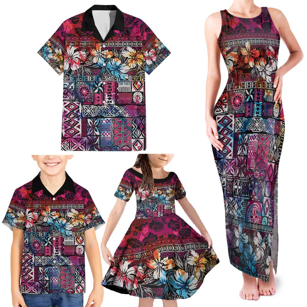 Pacific Hibiscus Tapa Tribal Vintage Family Matching Tank Maxi Dress and Hawaiian Shirt Pink Motif LT9 - Polynesian Pride