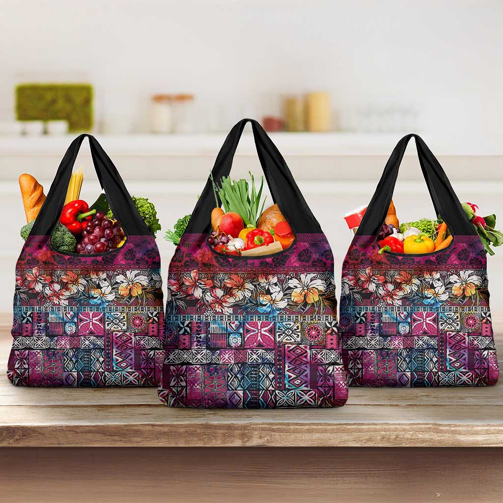 Pacific Hibiscus Tapa Tribal Vintage Grocery Bag Pink Motif