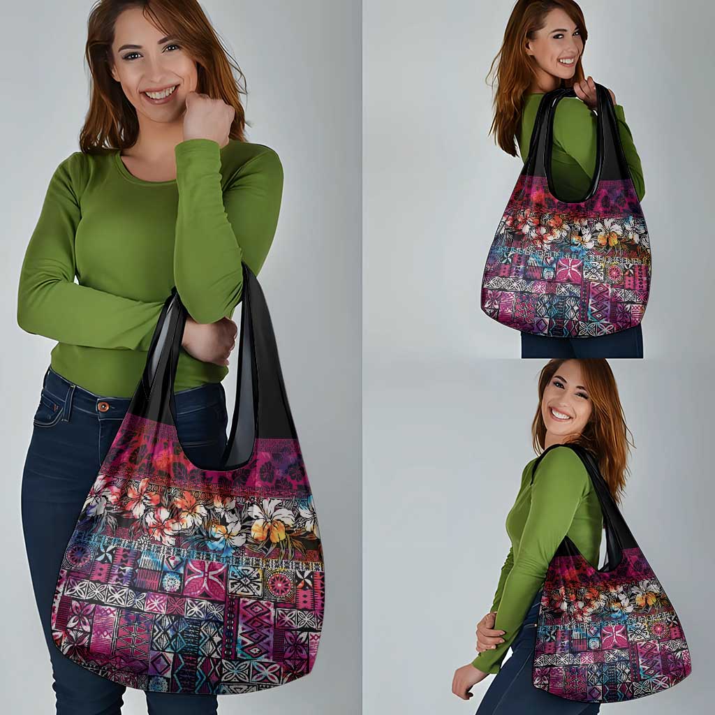 Pacific Hibiscus Tapa Tribal Vintage Grocery Bag Pink Motif