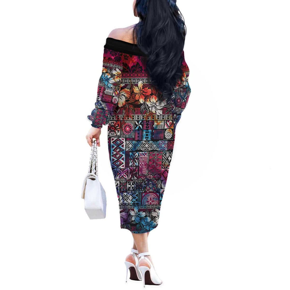 Pacific Hibiscus Tapa Tribal Vintage Off The Shoulder Long Sleeve Dress Pink Motif