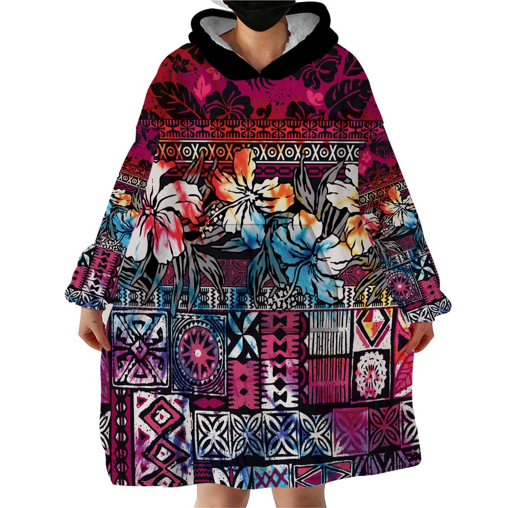 Pacific Hibiscus Tapa Tribal Vintage Wearable Blanket Hoodie Pink Motif