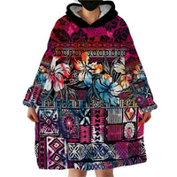 Pacific Hibiscus Tapa Tribal Vintage Wearable Blanket Hoodie Pink Motif