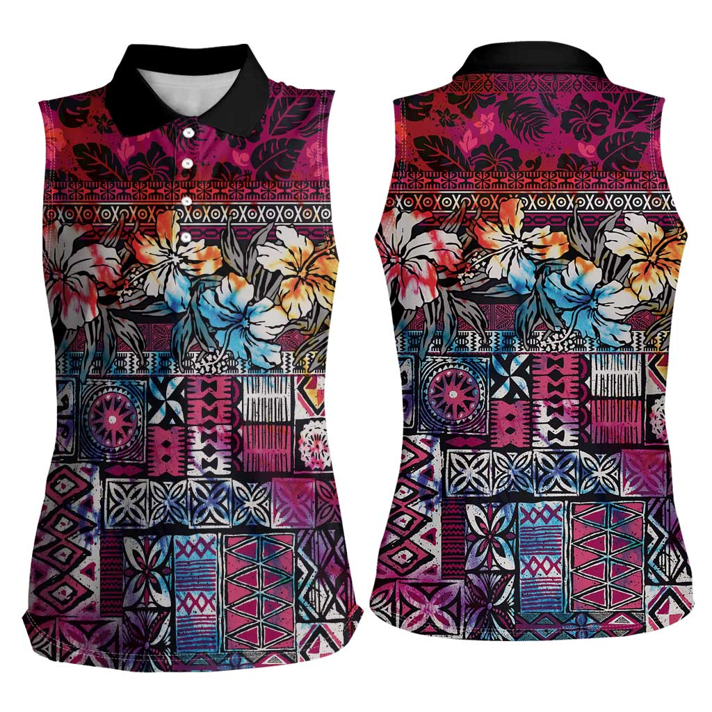 Pacific Hibiscus Tapa Tribal Vintage Women Sleeveless Polo Shirt Pink Motif