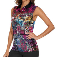Pacific Hibiscus Tapa Tribal Vintage Women Sleeveless Polo Shirt Pink Motif