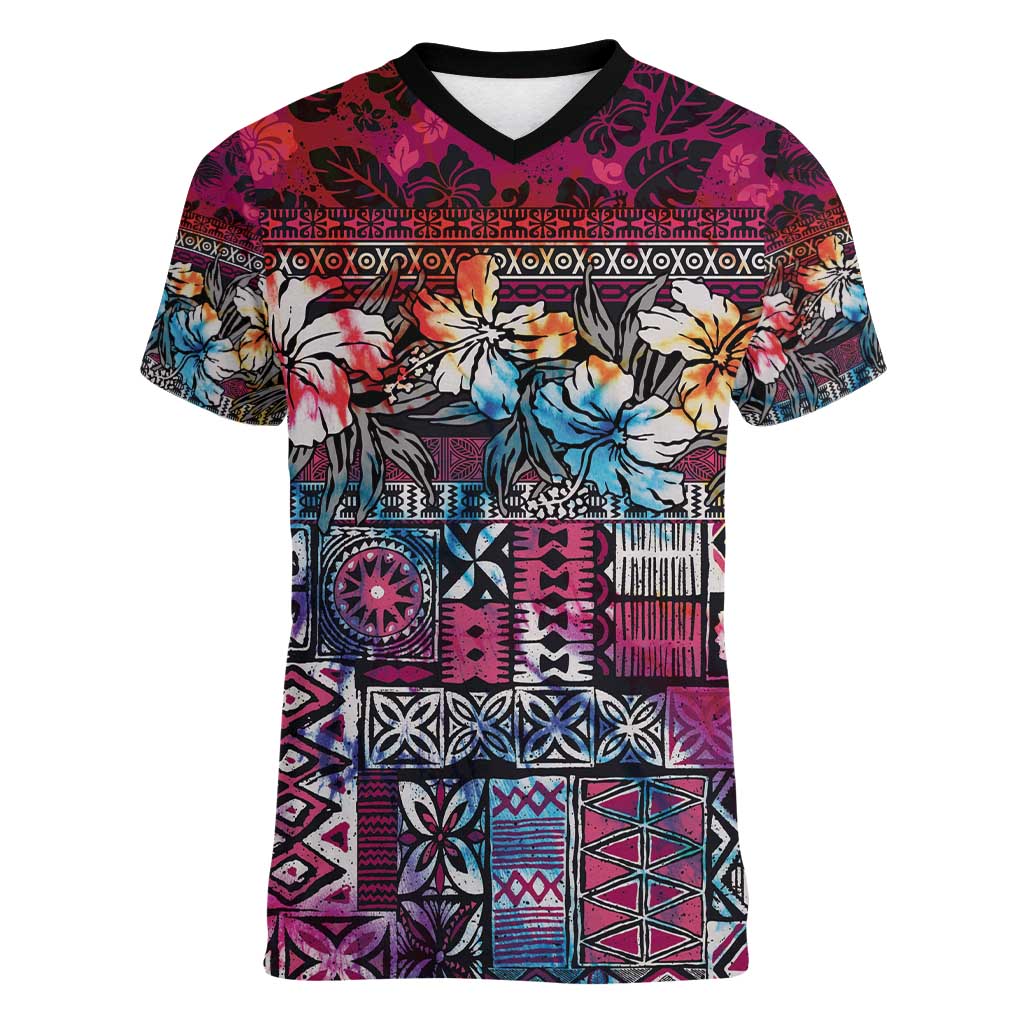 Pacific Hibiscus Tapa Tribal Vintage Women V-Neck T-Shirt Pink Motif
