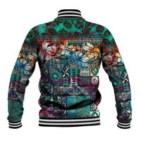 Pacific Hibiscus Tapa Tribal Vintage Baseball Jacket Turquoise Motif