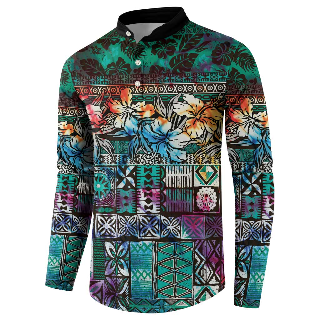 Pacific Hibiscus Tapa Tribal Vintage Button Sweatshirt Turquoise Motif