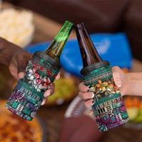 Pacific Hibiscus Tapa Tribal Vintage 4 in 1 Can Cooler Tumbler Turquoise Motif