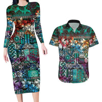 Pacific Hibiscus Tapa Tribal Vintage Couples Matching Long Sleeve Bodycon Dress and Hawaiian Shirt Turquoise Motif LT9 Turquoise - Polynesian Pride