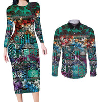Pacific Hibiscus Tapa Tribal Vintage Couples Matching Long Sleeve Bodycon Dress and Long Sleeve Button Shirt Turquoise Motif LT9 Turquoise - Polynesian Pride