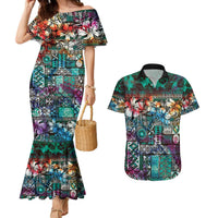 Pacific Hibiscus Tapa Tribal Vintage Couples Matching Mermaid Dress and Hawaiian Shirt Turquoise Motif LT9 Turquoise - Polynesian Pride