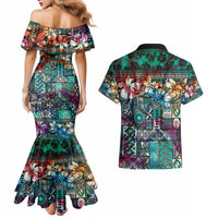 Pacific Hibiscus Tapa Tribal Vintage Couples Matching Mermaid Dress and Hawaiian Shirt Turquoise Motif LT9 - Polynesian Pride