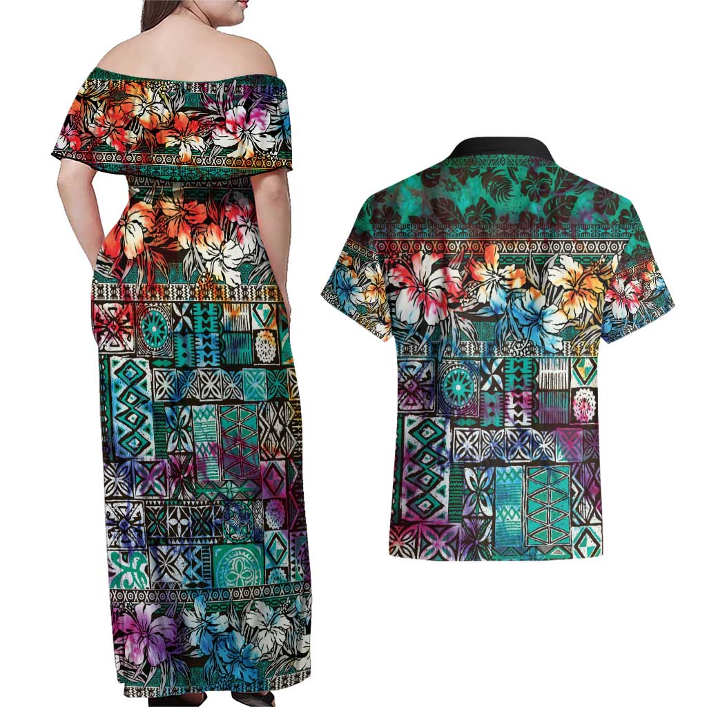 Pacific Hibiscus Tapa Tribal Vintage Couples Matching Off Shoulder Maxi Dress and Hawaiian Shirt Turquoise Motif LT9 - Polynesian Pride
