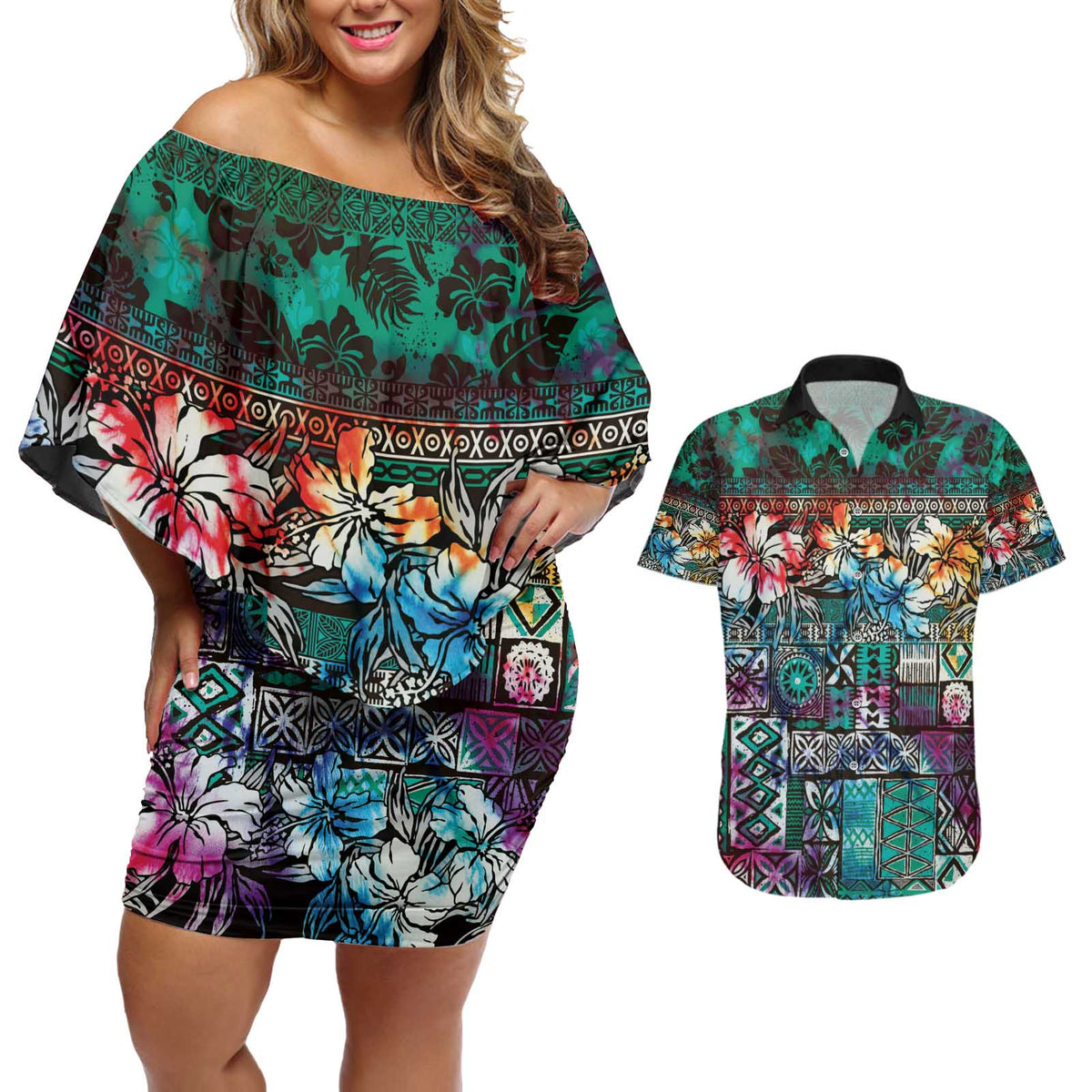 Pacific Hibiscus Tapa Tribal Vintage Couples Matching Off Shoulder Short Dress and Hawaiian Shirt Turquoise Motif LT9 Turquoise - Polynesian Pride