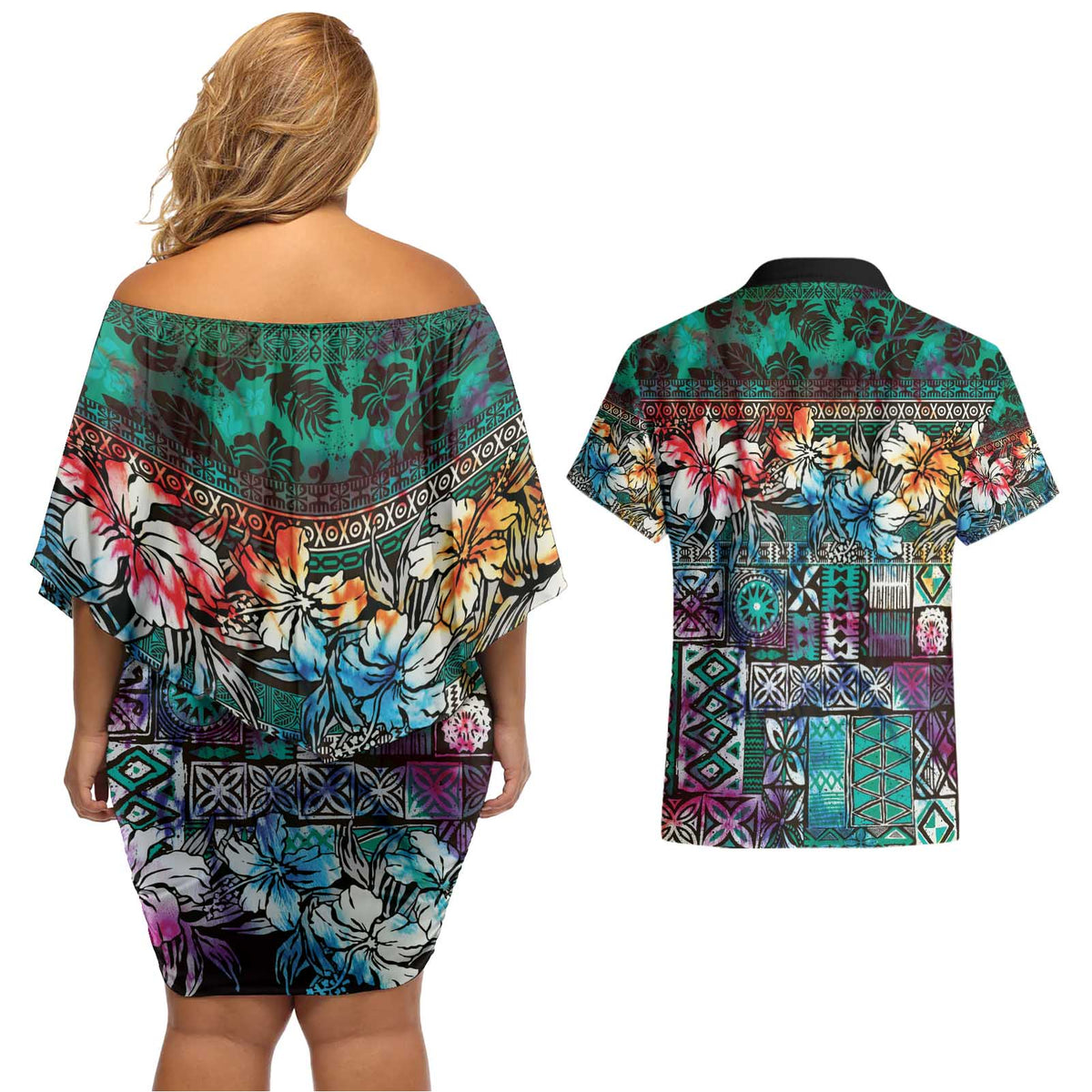 Pacific Hibiscus Tapa Tribal Vintage Couples Matching Off Shoulder Short Dress and Hawaiian Shirt Turquoise Motif LT9 - Polynesian Pride