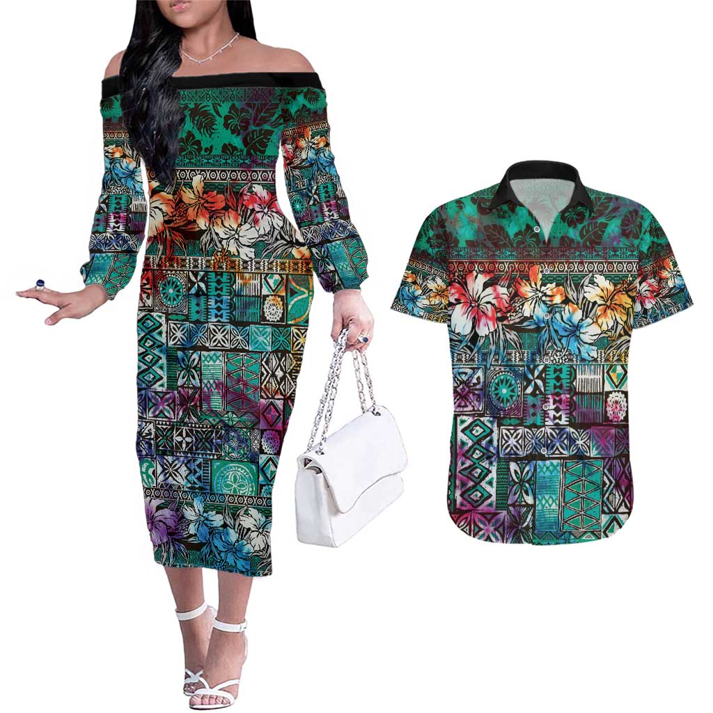 Pacific Hibiscus Tapa Tribal Vintage Couples Matching Off The Shoulder Long Sleeve Dress and Hawaiian Shirt Turquoise Motif